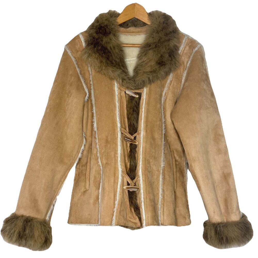 Skea Paris/Vail Faux Fur Suede Toggle Jacket Women 12 Tan Brown Ski Ritz VTG EUC